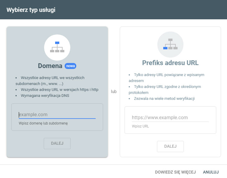 Dodanie domeny do Google Search Console
